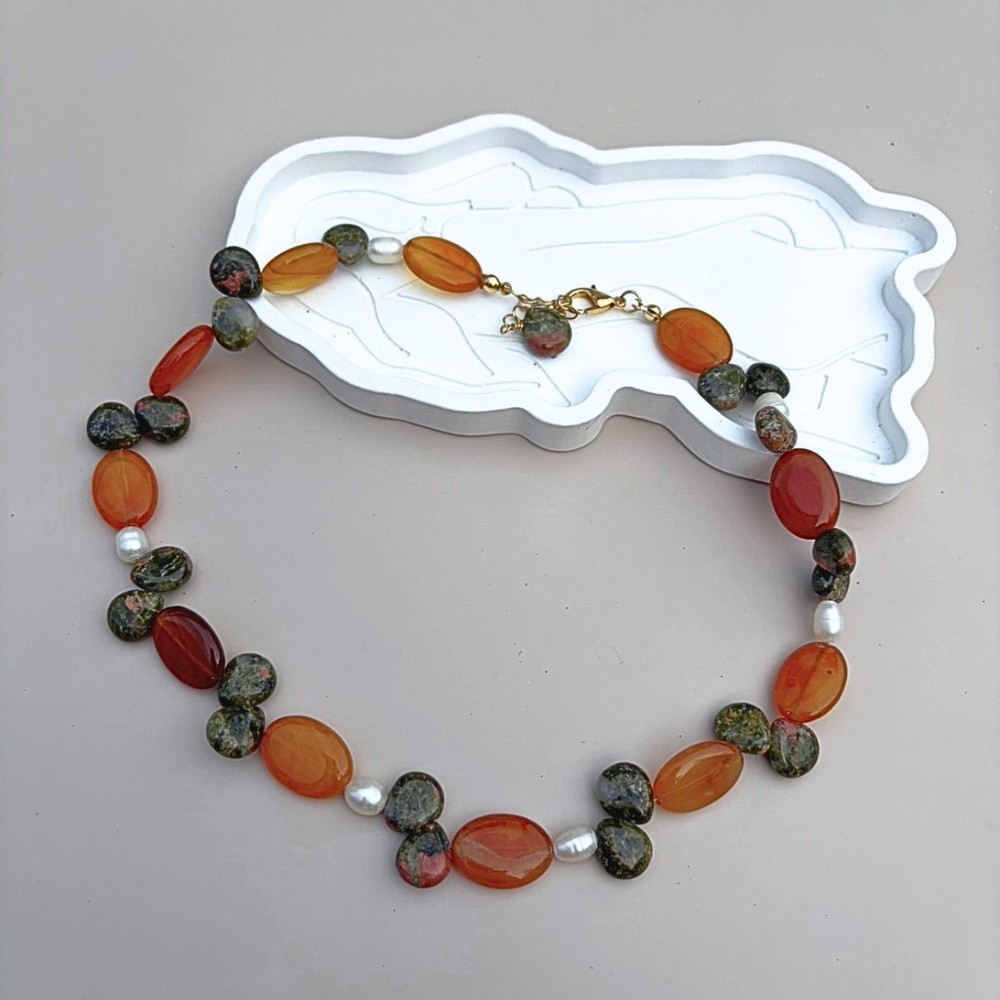 Handmade Red Agate Unakite Freshwater Pearl Necklace