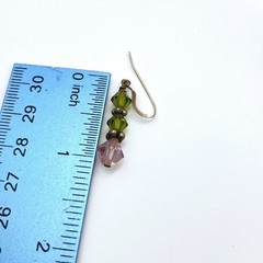 Sterling Silver Olive Green and Pink Bicone Crystal Dangle Earrings 925 Drop