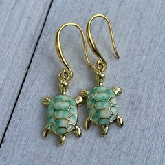 Min Favorit Turquoise & Cream Enamel Sea Turtle Gold Pl Artisan Drop Earrings