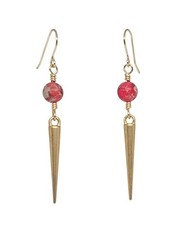 Pink Imperial Jasper Spike Dangle Earrings Gold Tone Handmade Boho Drop