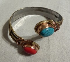Handcrafted Carved Mixed Metal ReconstitutedTurquoise & Red Coral Adjustable !