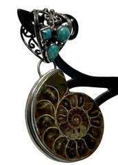 Sterling Silver Ammonite Fossil & Turquoise Gemstone Pendant Inlay New Signd 925
