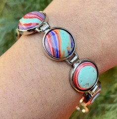 White Gold Plated Bracelet Bangle Jewelry, German Silver, Rainbow Calsilica 7 in