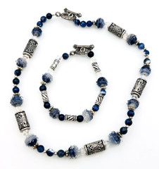 Handcrafted Blue Art Glass Stone Beaded Necklace And Bracelet Set