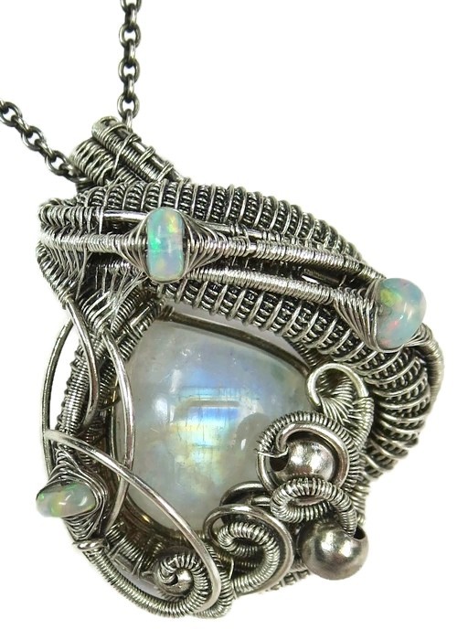 Rainbow Moonstone Pendant Necklace w Ethiopian Opals, Sterling Silver Wire Wrap