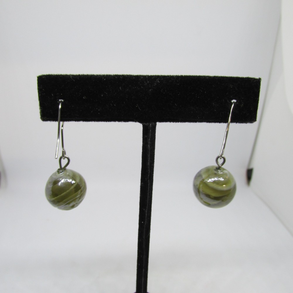 Gray Green Swirl 15MM Glass Ball Earrings Artisan