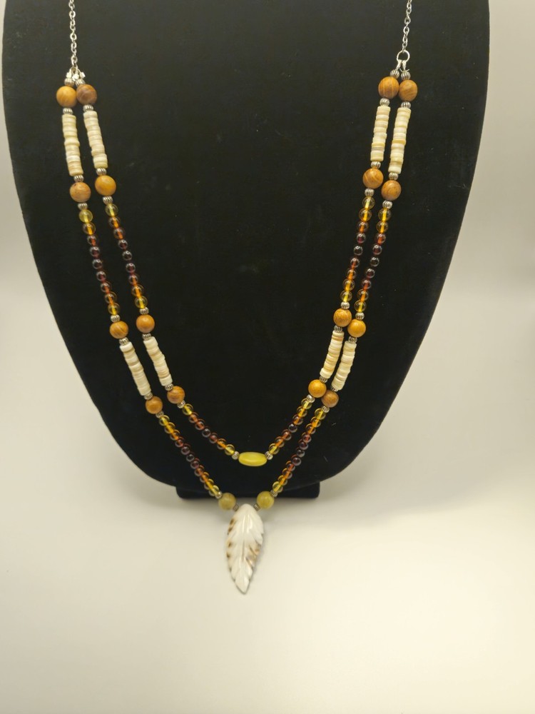 Handmade Amber Beaded Necklace with Shell, Sandalwood and Yellow Turquoise