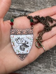 Glass Enameled Copper Reindeer Christmas necklace with Swarovski beads HANDMADE