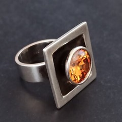 Silver Ring Modernist Massive Geometric Bold Artisan Quartz Square 7.25 Fine VTG