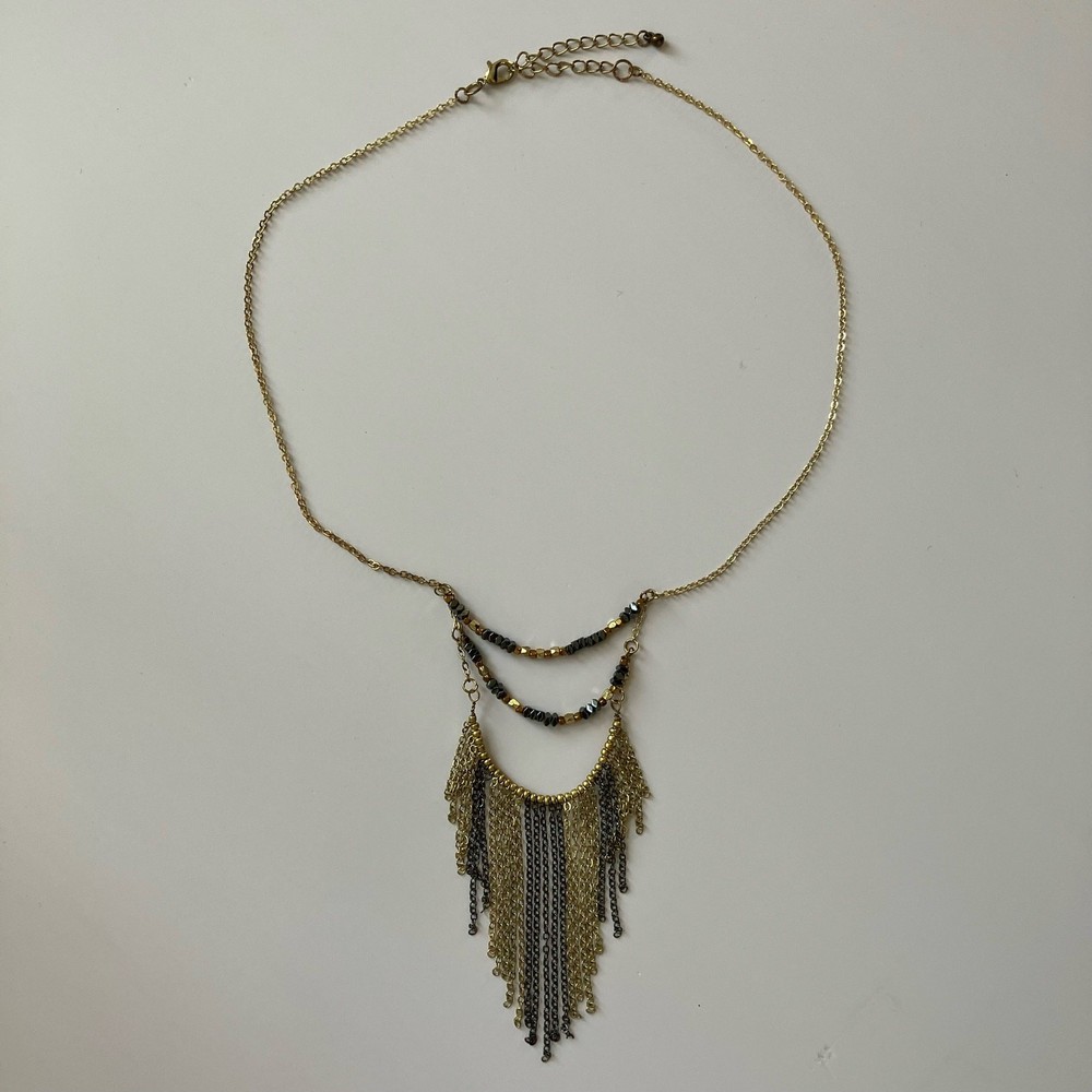 Fringe chain beaded bib necklace, gold and gunmetal, indie grunge bohemian