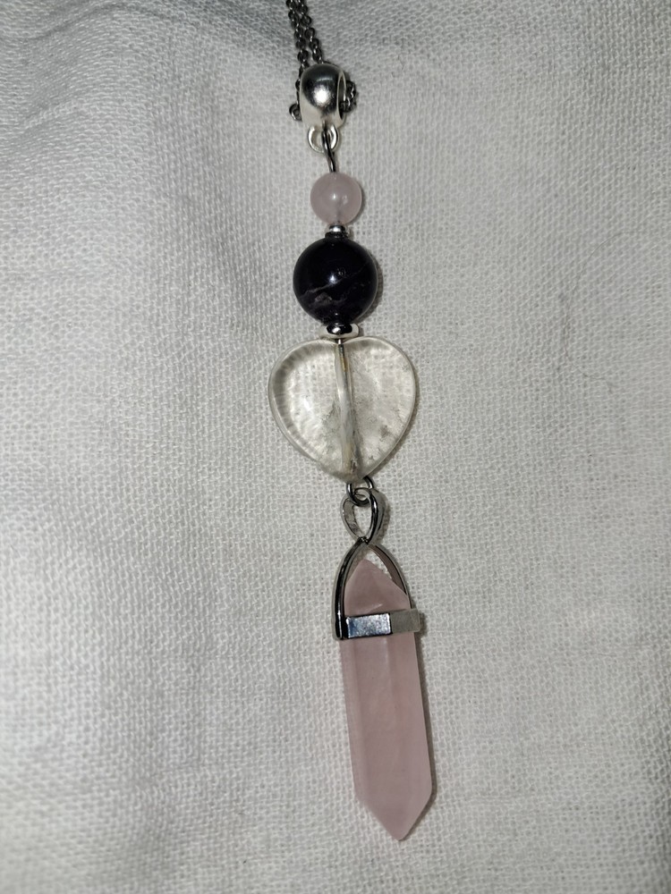 Genuine ROSE QUARTZ DT Crystal & Amethyst Beads CLEAR QUARTZ HEART Pendant Wicca