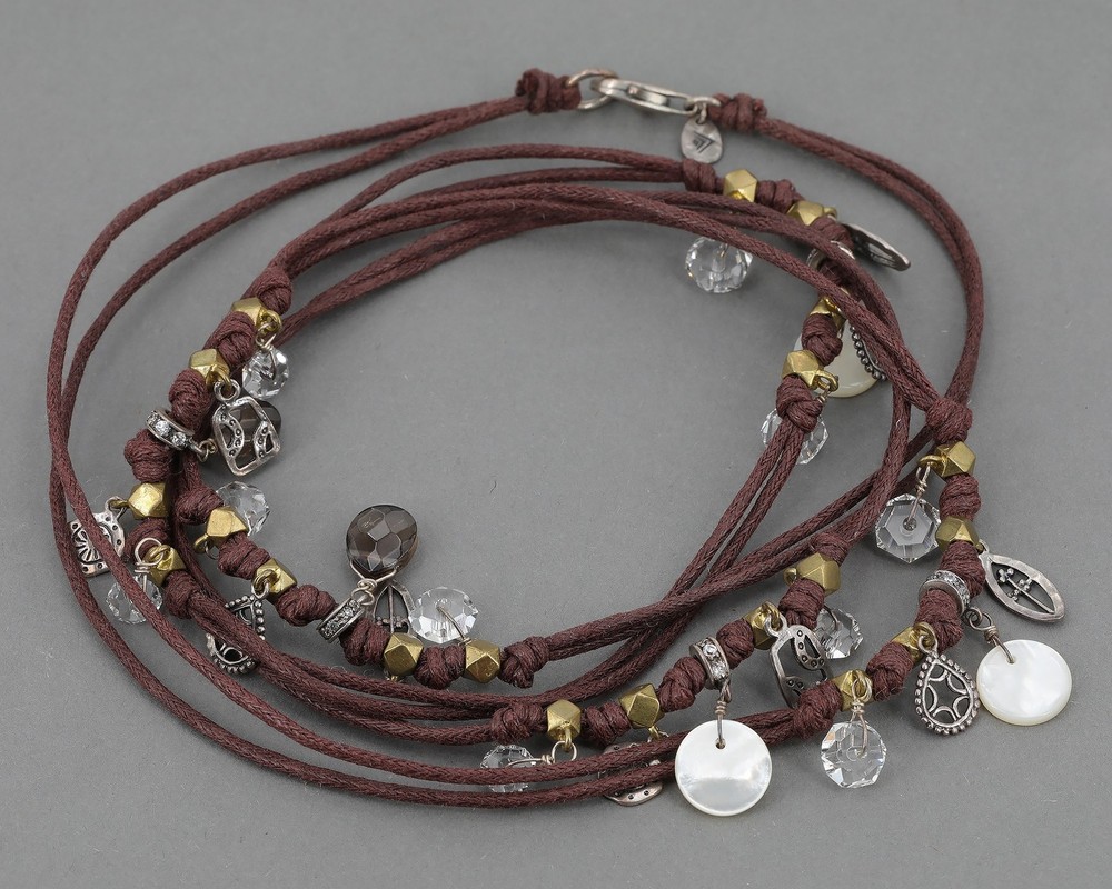 Retired Silpada Brown Cord Mixed Metals Mother of Pearl & CZ Boho Necklace N2344