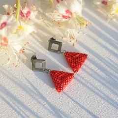 Handmade Red Seed Bead Triangle Earrings with Geometric Studs, Beaded Dangles