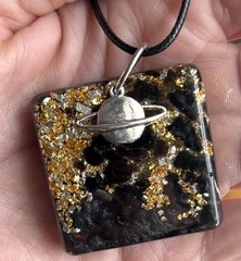 Handmade Obsidian Resin Pendant Necklace Saturn Charm Gold Crushed Glass Jewelry