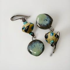 Special Price-Blue Beige Ceramic Charms Lampwork Boho Handcrafted Earrings