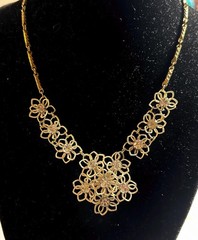 Vintage Lacy Rhinestone Floral Necklace • Mid Century Wirework Bib • Gold Tone S