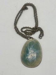 Wearable Art Necklace Enamel On Metal Pendant Dual Sided On Brass Tone Chain