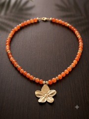 Handmade Orange Natural Stone Bead Necklace with Gold Flower Pendant