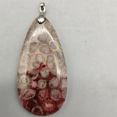 Fossil Coral Big Double Sided Tear Drop Pendant 2.35″ or 59.6 mm, 18KGP Bail