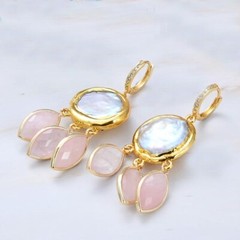 Rose Quartz Earrings, Cultured Keshi Pearl, Pink Quartz 24K Gold Vermeil Earring