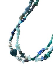 Multi Strand Natural Stone Chip Necklace Blue Green Aventurine Sodalite Boho 24″