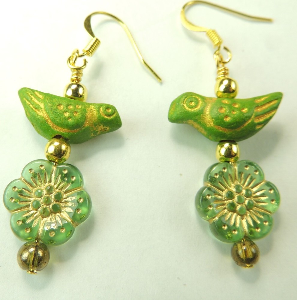 Light Green Czech Etched Flower Earrings Green Birds Handmade Earrings