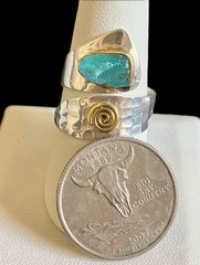 Hammered Silver & Gold Tone Brass Blue Apatite Artisan Modernist Ring 8 9 10