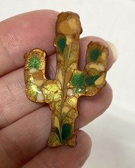 Enamel on Copper CACTUS Pin Brooch Signed INGA-OLIVE GREEN/CARAMEL COLOR