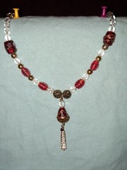 Y Drop Red And Clear Gold tone Beaded Necklace Hand Painted