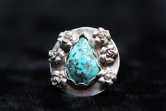 Chrysocolla Ring Blue Teardrop Natural Gemstone 925 Sterling Silver Roses sz 5.5