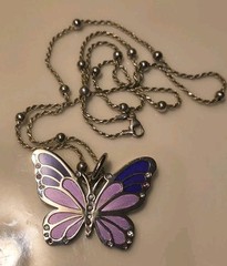 Silver Plated Purple Pink Enamel Butterfly Necklace Rope Chain Vtg Style