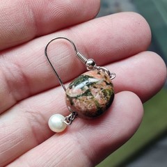 Handcrafted Natural Unakite Jasper & Pearl Bracelet & Earrings Set