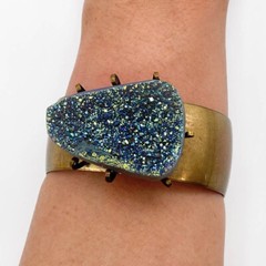 Vintage Jan Michaels San Francisco Green Blue Druzy Bronze Quartz Cuff Bracelet