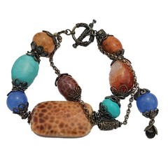 Handmade Leopard Skin Agate Turquoise Boho Bracelet with Sterling Silver Beads.