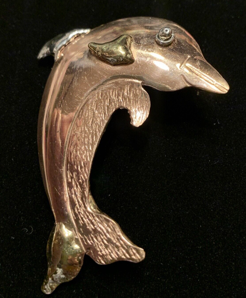 Artisan Copper Dolphin Brooch Pin Pendant Coastal Nautical Mexico