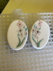 Handmade White Oval Painted w Pink Flowers Ceramic Pottery Post Earrings for
