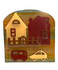 Vintage Lucinda Brooch House Pins Home Picket Fence Cars Cream Reddish Brown EUC
