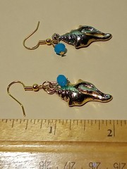 Seashell earrings with blue glass faceted bead gold metal beach summer handcraft