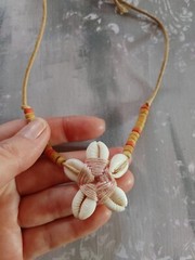 Vintage Necklace cowrie shell beads flower shape woven tie-on cord no metal