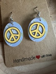 Handcrafted Peace Sign Round Dangle/Drop Earrings, Hook, Yellow Blue Oval