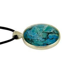 Pendant Necklace Handmade «Alaska Waters» Silver Bezel 30mm Black Cord