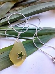Hand Carved Starfish Yellow Sea Glass Pendant Silver Necklace 18″