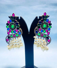 Multi Color Stone Chandelier Earring ,Silver Plated Earring Handmade