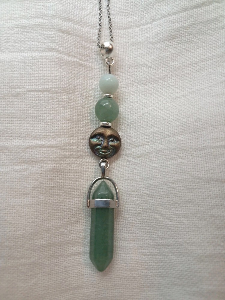 GREEN AVENTURINE DT Crystal Point CHINESE AMAZONITE Bead Glass Moon Face Pendant