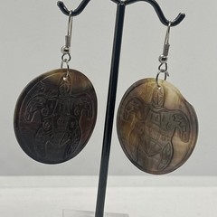 Hand Carved Mother of Pearl Earrings Sea Turtle Drop Iridescent Brown Shell Disc