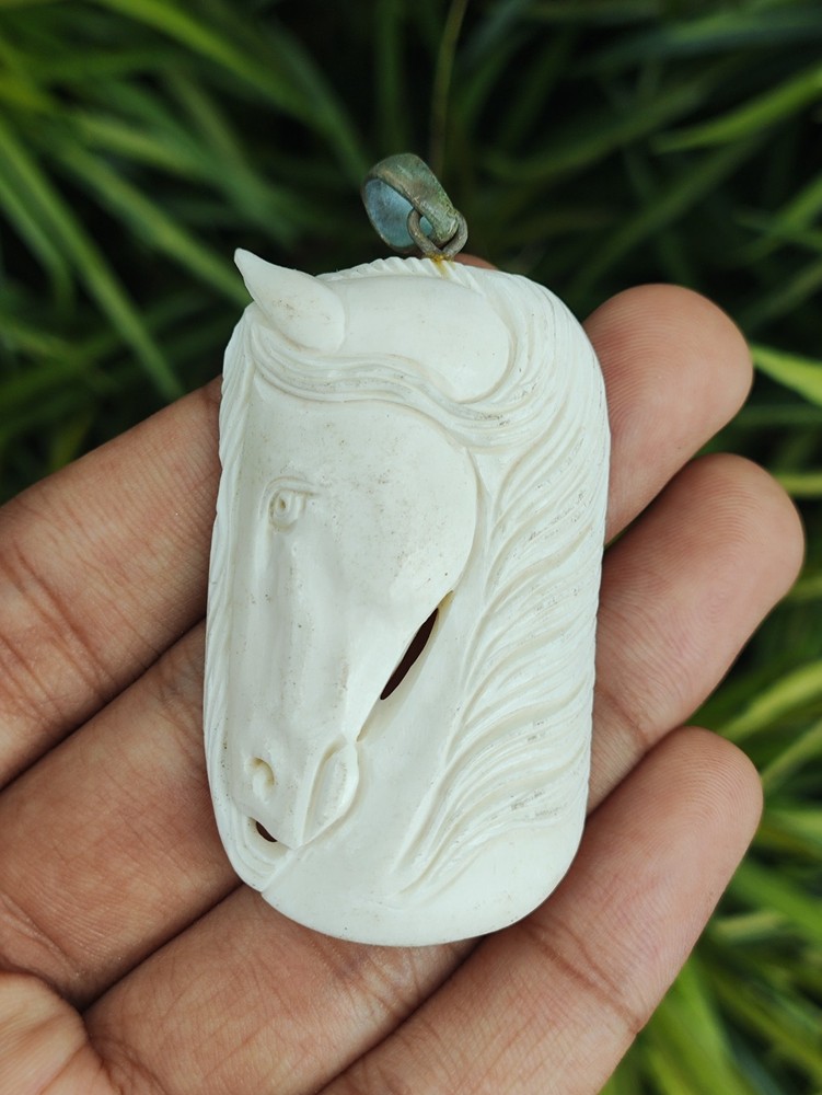 Hand Carved Buffalo Bone Horse Pendant – Bali White Horns Necklace