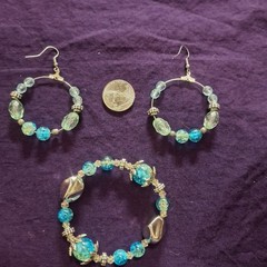 Handcrafted Jewelry Set Blue Green Glass Bead Earrings Bracelet Bohemian