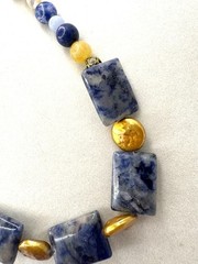 Blue Denim Sodalite & MOP & Agate Gold Colored Coin Pearls Beaded Necklace