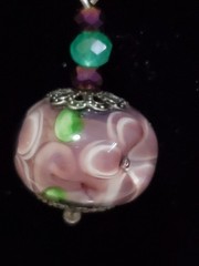 BEAUTIFUL LAMPWORK BLOWN GLASS BEAD 1 3/4″ PIERCED DANGLE EARRINGS, PURPLE/GREEN
