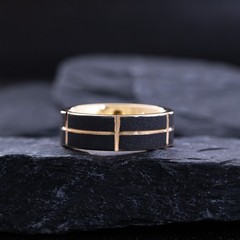 8mm Black and Rose Gold Notched and Grooved Tungsten Ring with Gemstone
